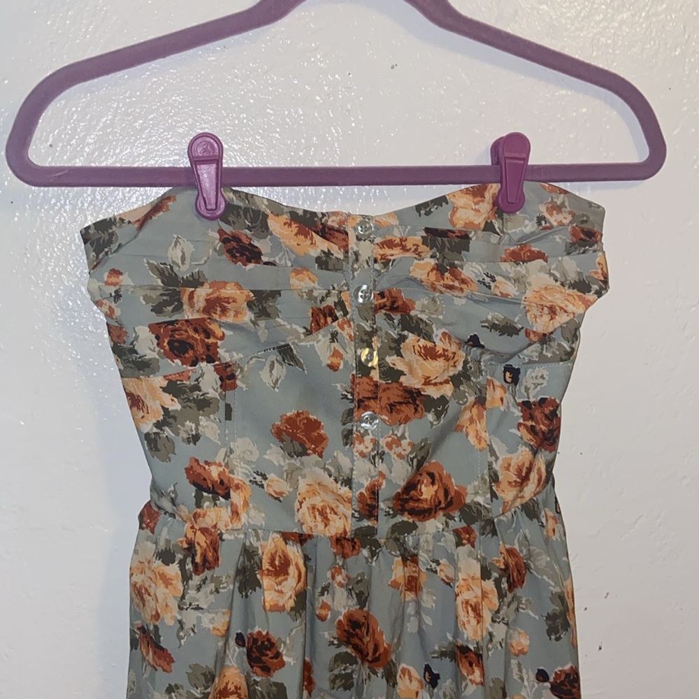 Small strapless mini dress fall colors yellow rust blue satin corset - Picture 2 of 5